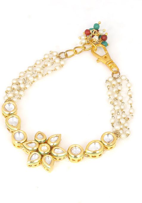 Multicolour Bead Floral Kundan Gold Tone Bracelet