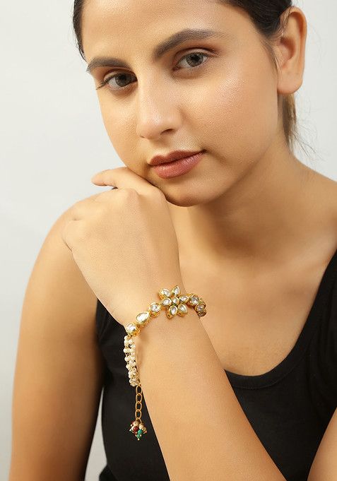 Multicolour Bead Floral Kundan Gold Tone Bracelet