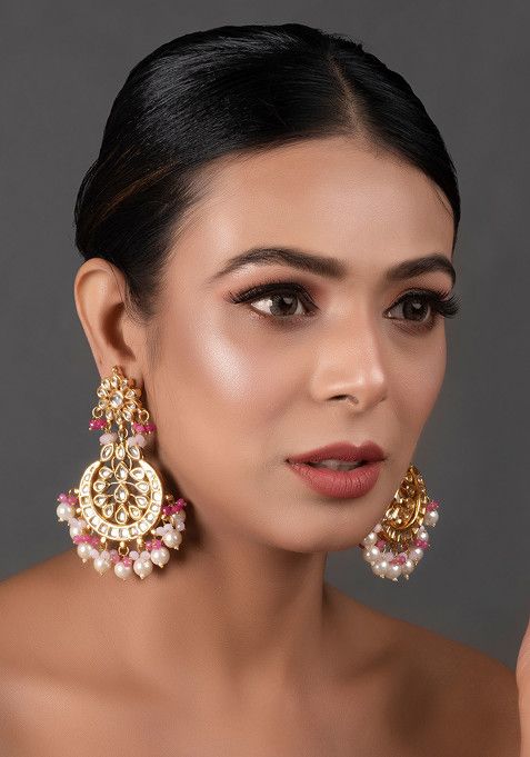 Pink Bead Gold Tone Pearl Kundan Earrings