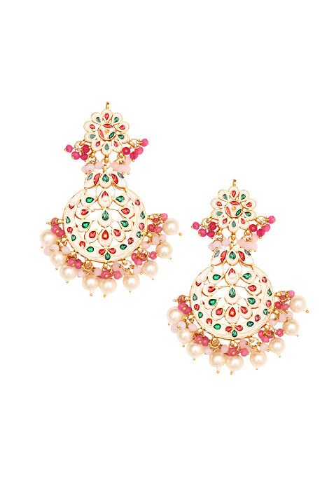Pink Bead Gold Tone Pearl Kundan Earrings
