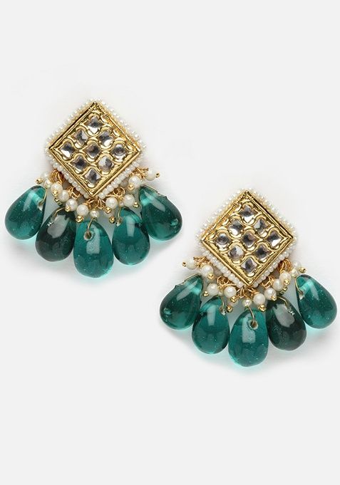 Green And Cream Gold Plated Kundan Pearl Drop Earrings