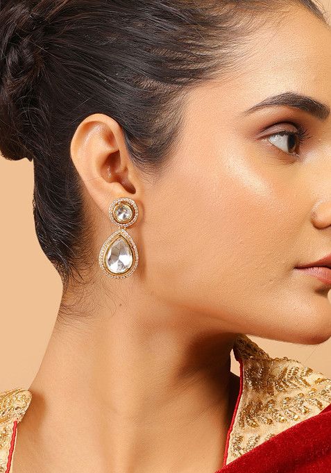 White Gold Tone Uncut Kundan Polki Drop Earrings