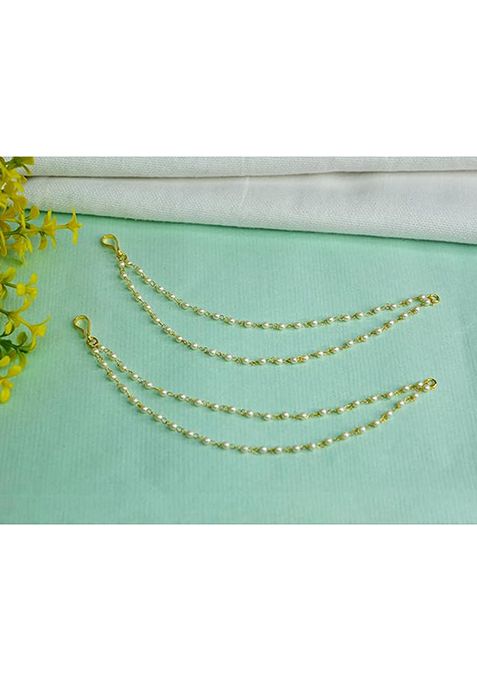 Gold Pearl Studded Classic Gold Plated 2 Line Ear Chain Ear Cuff