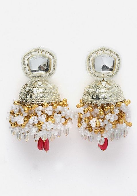 Silver And Red Gold Plated Kundan American Diamond Jhumka Earrings