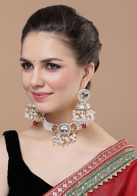 Silver And Red Gold Plated Kundan American Diamond Jhumka Earrings