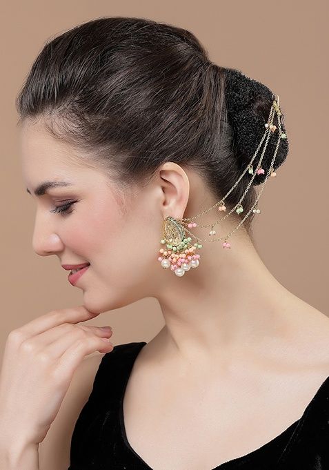 Pink And Peach Gold Plated Kundan Pearl Drop Earrings