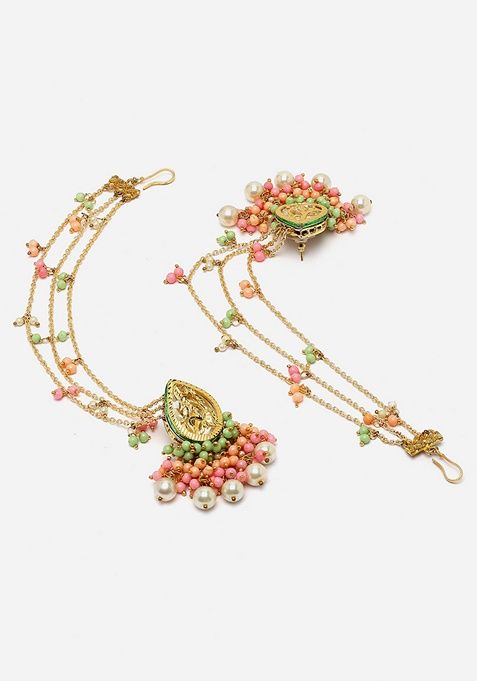 Pink And Peach Gold Plated Kundan Pearl Drop Earrings