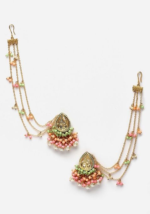 Pink And Peach Gold Plated Kundan Pearl Drop Earrings