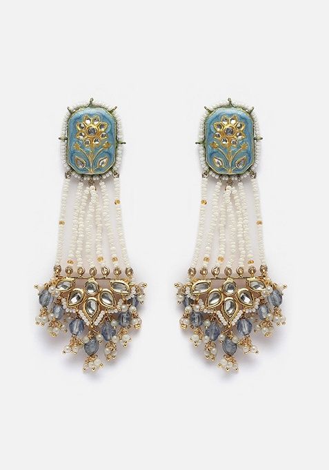 Blue Gold Plated Kundan Pearl Drop Earrings