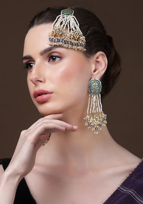 Blue Gold Plated Kundan Pearl Drop Earrings