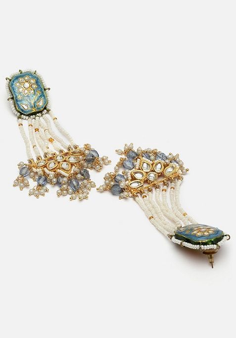 Blue Gold Plated Kundan Pearl Drop Earrings