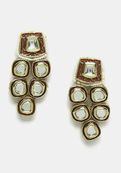 Gold Finish Red Kundan And Pearl Drop Earrings
