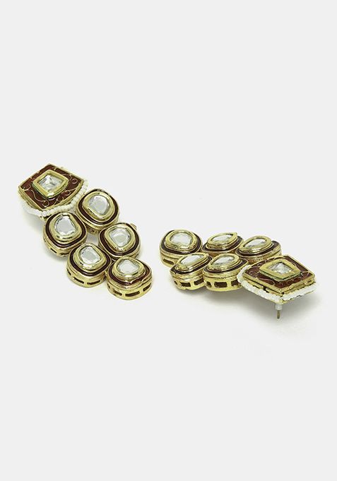 Gold Finish Red Kundan And Pearl Drop Earrings