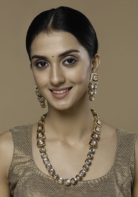 Gold Finish Red Kundan And Pearl Drop Earrings