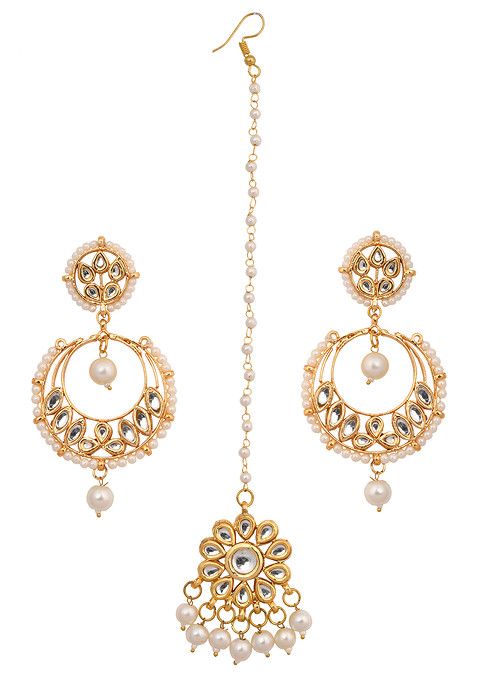 Silver Pearl Bead Kundan Maangtika With Chandbali Earrings
