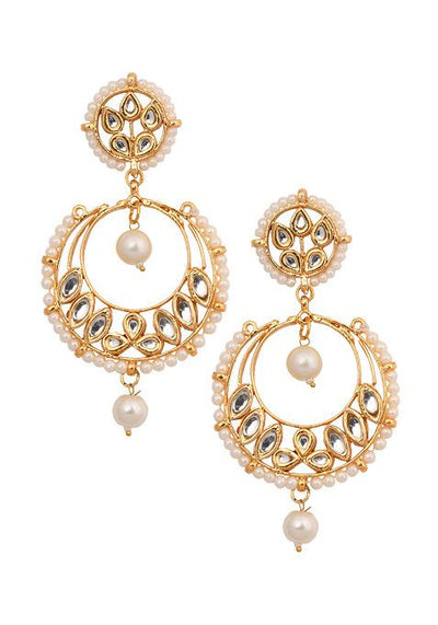 Silver Pearl Bead Kundan Maangtika With Chandbali Earrings