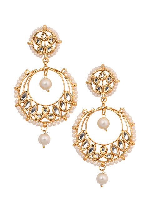 Silver Pearl Bead Kundan Maangtika With Chandbali Earrings