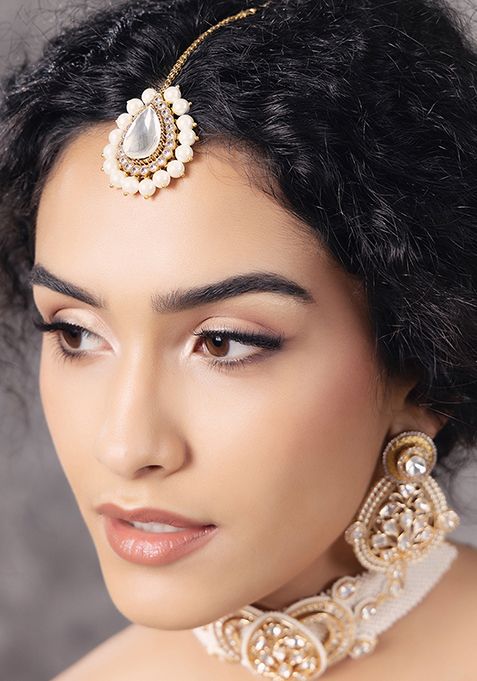 Gold Plated Polki Pearl Maang Tikka