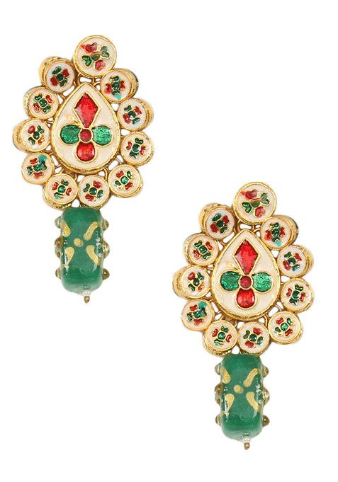 Gold Tone Green Bead Kundan Earrings And Mangtika