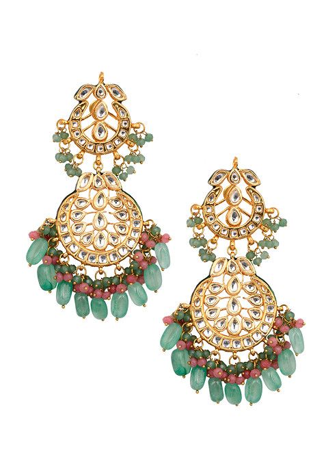 Pink And Green Gold Tone Kundan Maangtika With Earrings