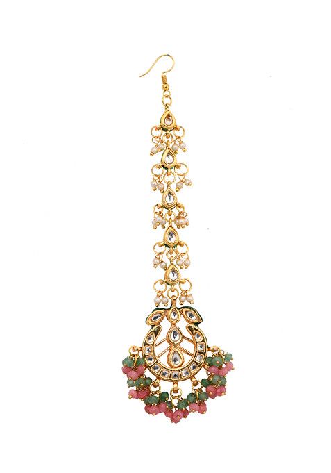 Pink And Green Gold Tone Kundan Maangtika With Earrings