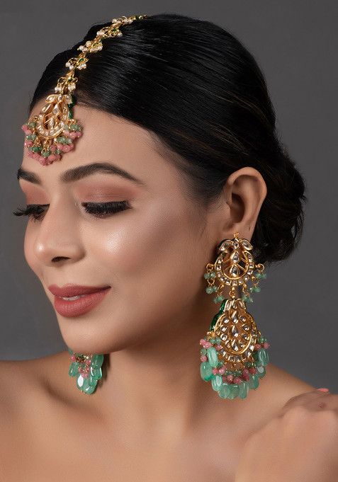 Pink And Green Gold Tone Kundan Maangtika With Earrings