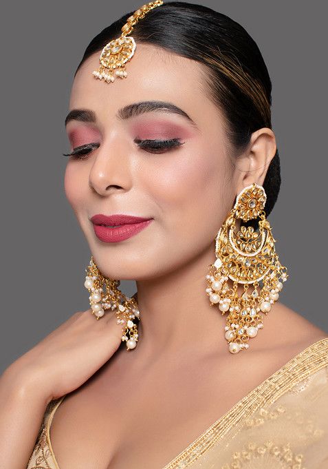 Pearl Bead Kundan Mangtika With Chandbali Earrings
