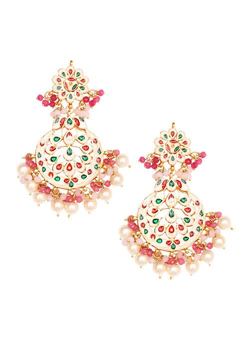 Pink Bead Pearl Kundan Handcrafted Maangtika With Earrings