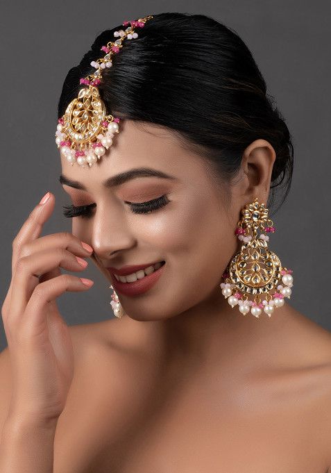 Pink Bead Pearl Kundan Handcrafted Maangtika With Earrings