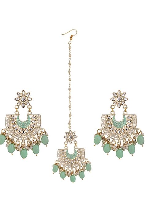 Green Cubic Zirconia Maang Tikka With Earrings