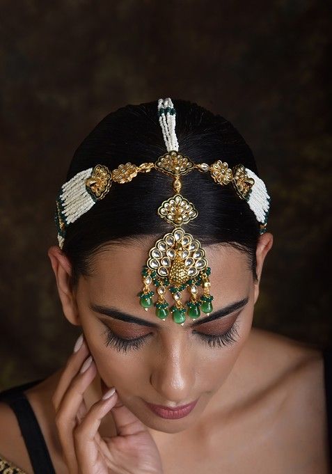 Green Gold Tone Kundan Pearl Mathapatti