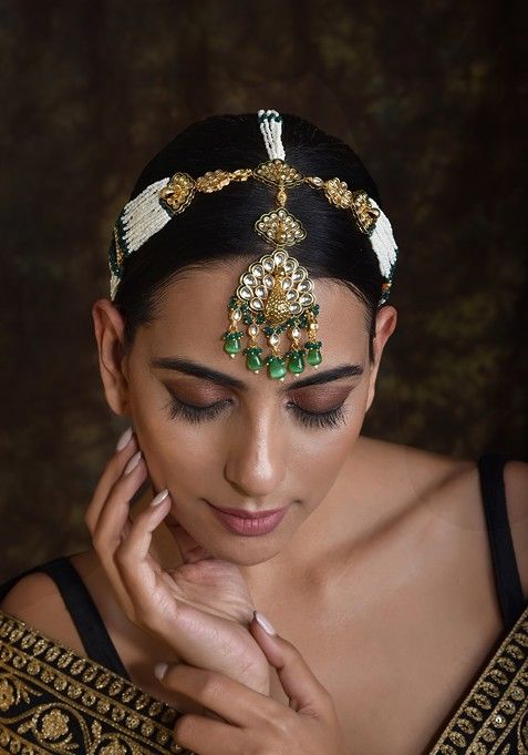 Green Gold Tone Kundan Pearl Mathapatti