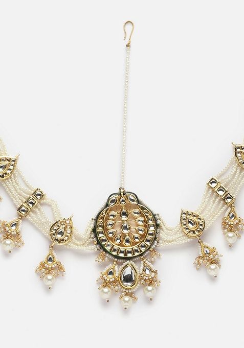 Cream Gold Plated Kundan Pearl Mathapatti