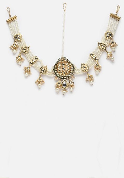 Cream Gold Plated Kundan Pearl Mathapatti