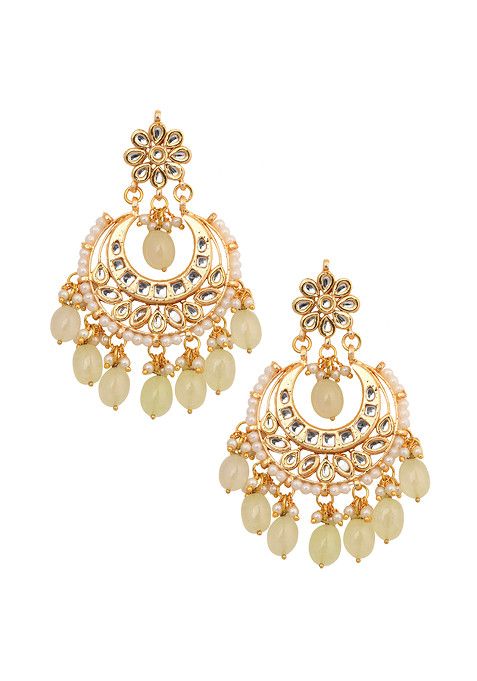 Cream Gold Tone Kundan Maangtika With Chandbali Earrings