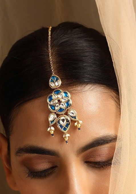 Blue Gold Tone Kundan Maangtika