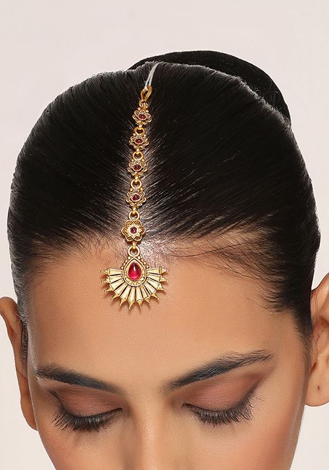 Gold Tone Red Temple Maangtika