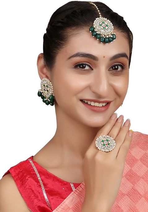 Green Cubic Zirconia Maang Tikka With Earrings