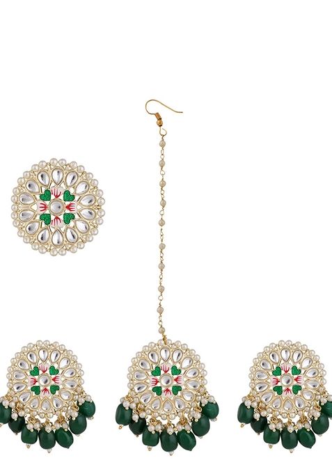 Green Cubic Zirconia Maang Tikka With Earrings