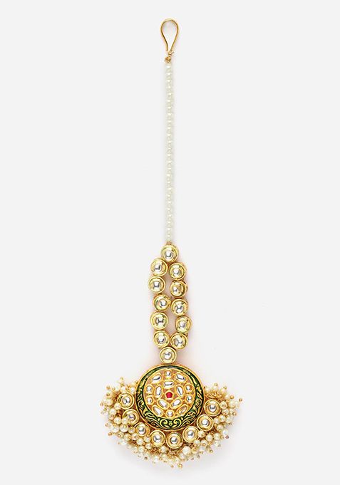 Green And Gold Kundan Pearl Maangtika