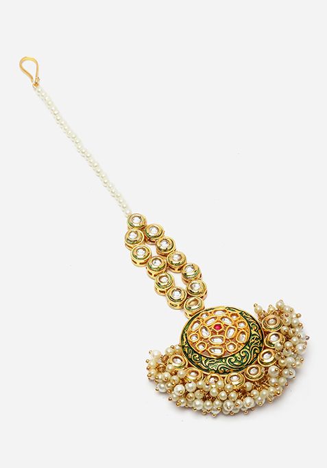 Green And Gold Kundan Pearl Maangtika