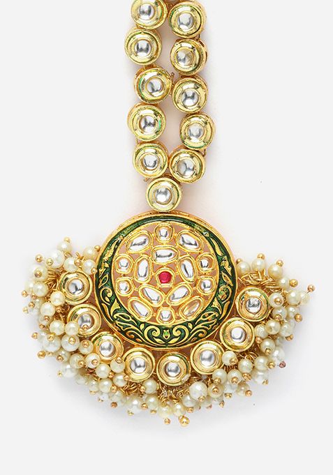 Green And Gold Kundan Pearl Maangtika
