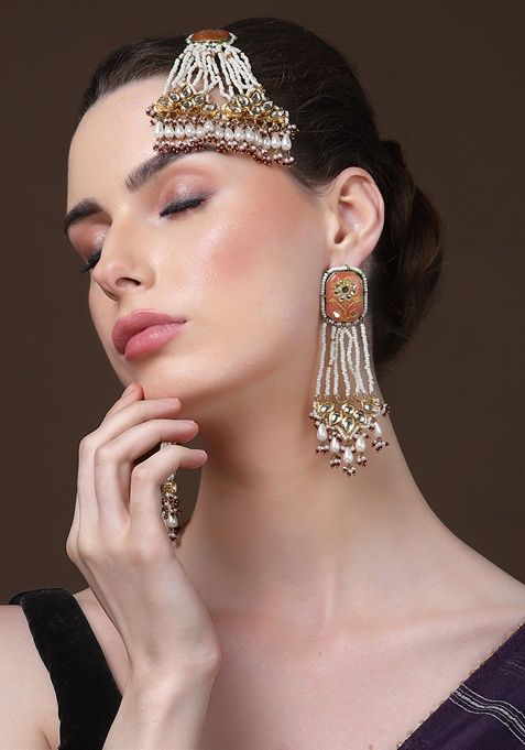 Red And Orange Gold Plated Kundan Pearl Passa