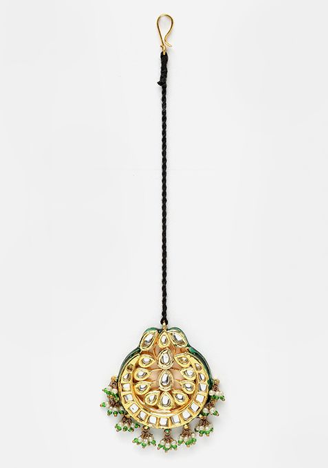 Gold And Green Pearl Kundan Maangtika