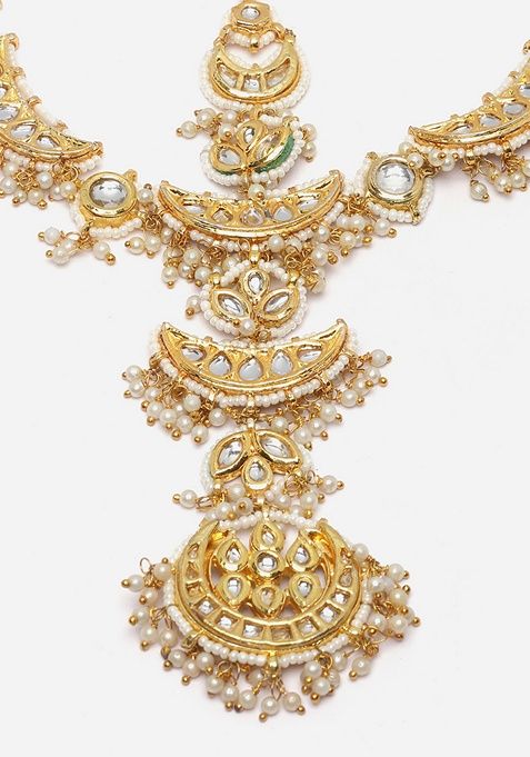 Gold And White Gold Plated Kundan Pearl Mathapatti