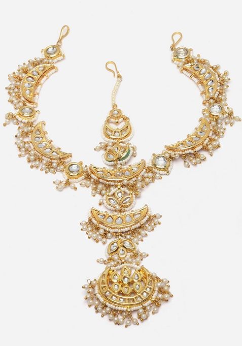 Gold And White Gold Plated Kundan Pearl Mathapatti