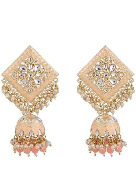 Peach Cubic Zirconia Maang Tikka With Earrings