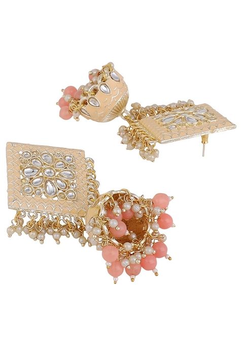 Peach Cubic Zirconia Maang Tikka With Earrings