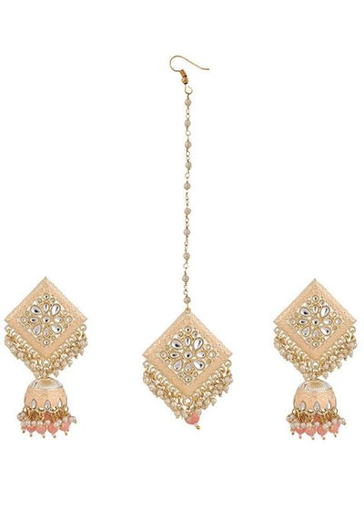 Peach Cubic Zirconia Maang Tikka With Earrings