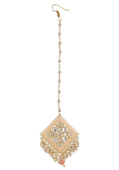 Peach Cubic Zirconia Maang Tikka With Earrings